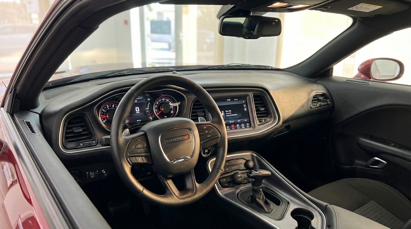 The interior of the Dodge Challenger V6 shows the steering wheel, dashboard, and infotainment screen in Alicante.