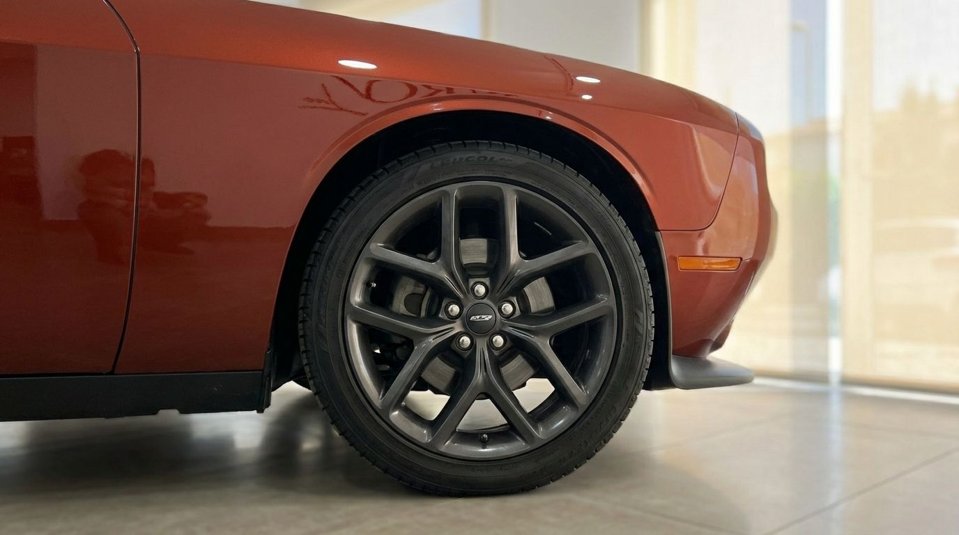 The burnt orange Dodge Challenger V6's front wheel and fender are prominently displayed from a side view in Alicante.