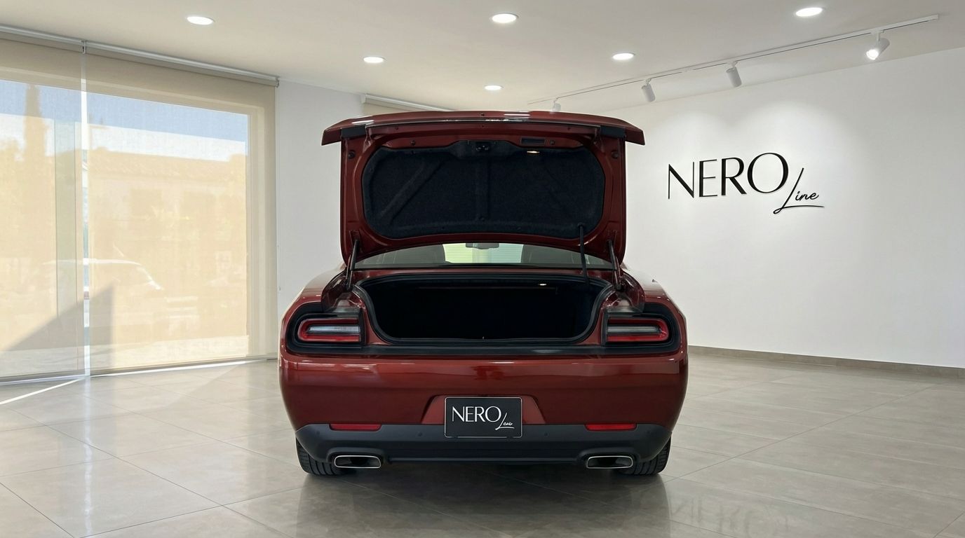 The burnt orange 2023 Dodge Challenger V6 is shown from the rear with its trunk open in a showroom in Alicante.