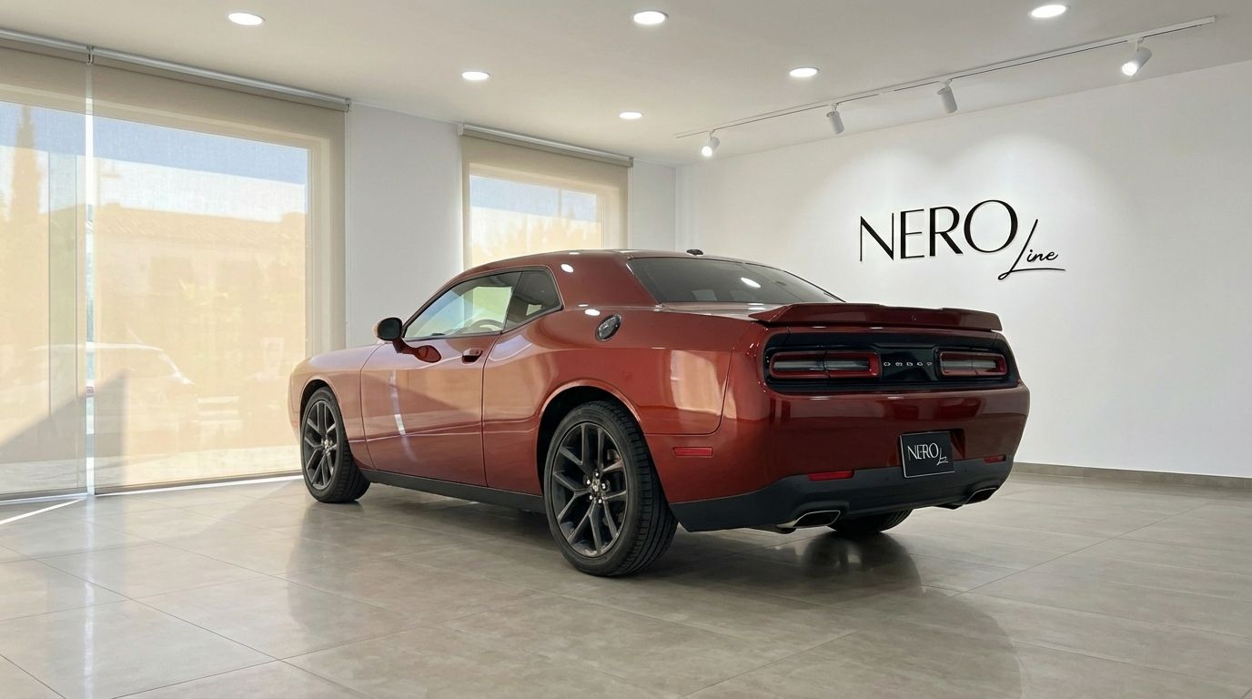 The burnt orange 2023 Dodge Challenger V6 is showcased from a rear three-quarter angle in a showroom in Alicante.