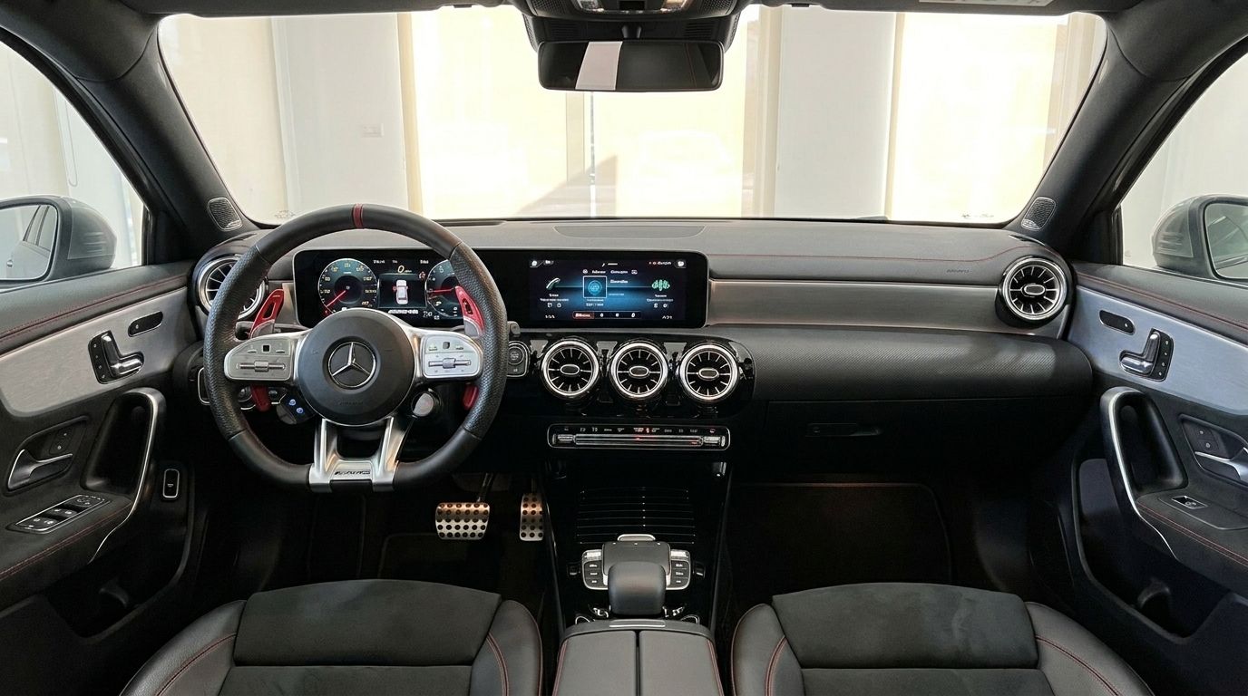 알리칸테에 있는 메르세데스-벤츠 A35 AMG 리무진의 고급스러운 운전석. 스티어링 휠, 디지털 대시보드 및 중앙 콘솔을 보여줍니다.