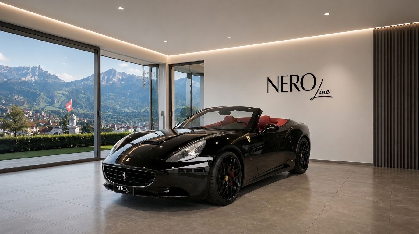 A black Ferrari California T convertible with red interior parked in a modern showroom, overlooking the mountains and a town in Zurich.