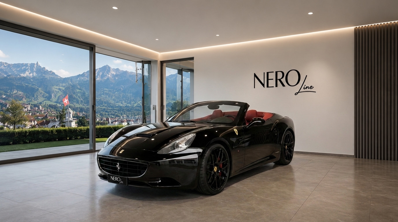 Ferrari California T — Showroom view in Zurich A black Ferrari California T convertible with red interior parked in a modern showroom, overlooking the mountains and a town in Zurich.