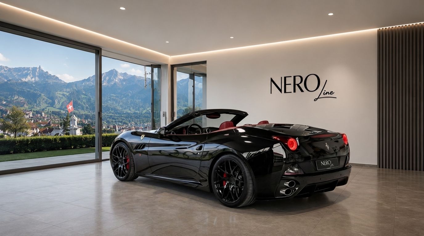 The black Ferrari California T convertible is parked indoors, showcasing its rear three-quarter view with red interior, against a stunning Zurich mountain landscape.