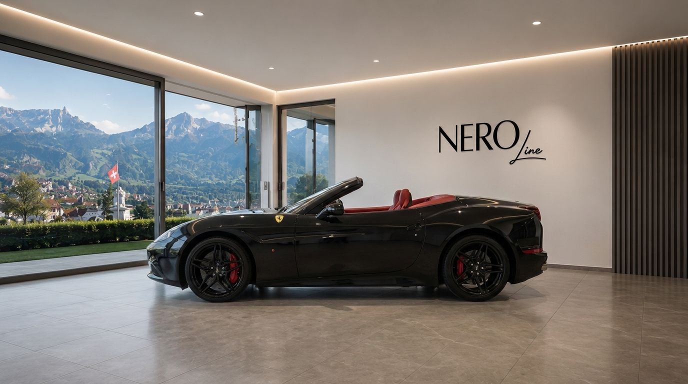 A black Ferrari California T convertible with a red interior is parked in a modern showroom overlooking the mountains near Zurich.