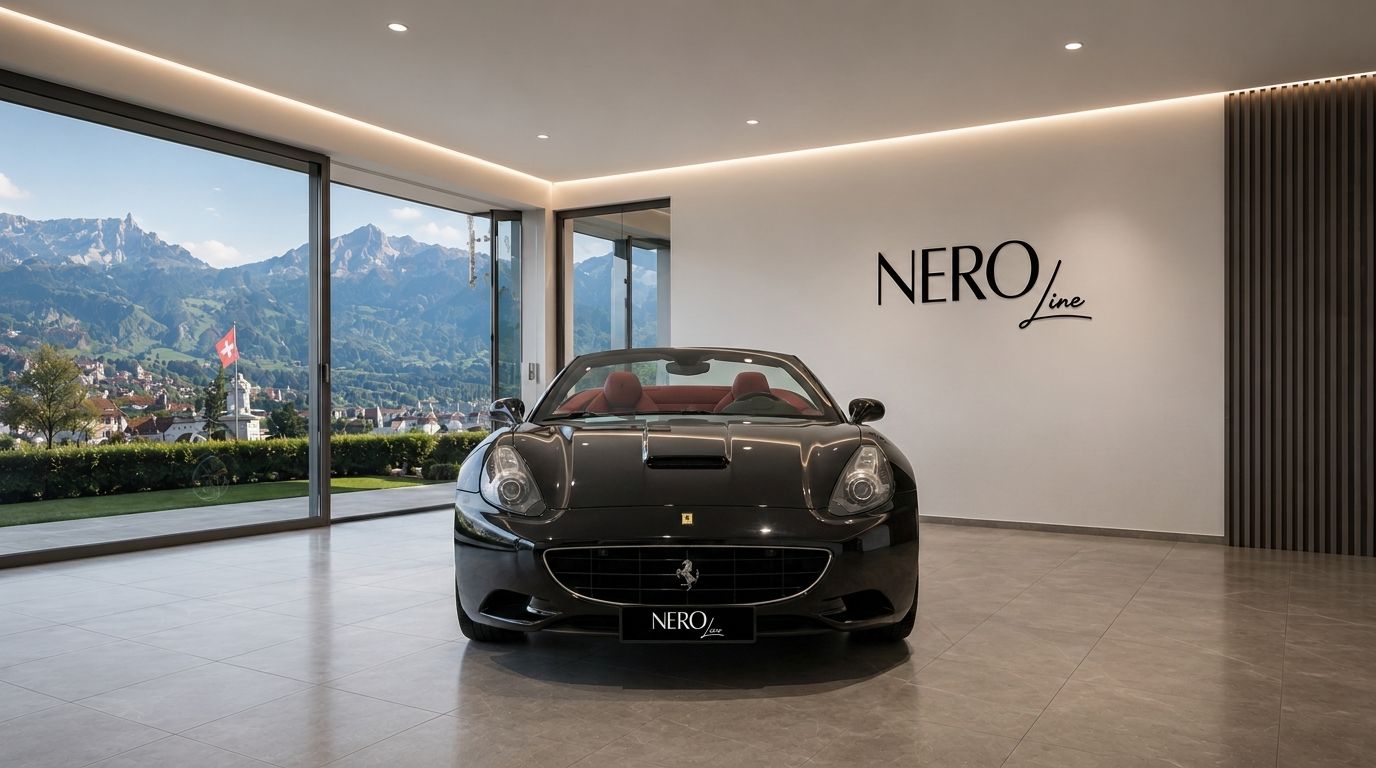 A black Ferrari California T convertible with a red interior is parked in a modern showroom, overlooking the mountains of Zurich.