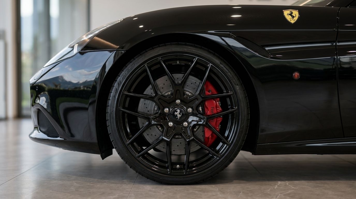 The black Ferrari California T's front wheel, featuring a black multi-spoke rim and red brake caliper, is displayed in Zurich.