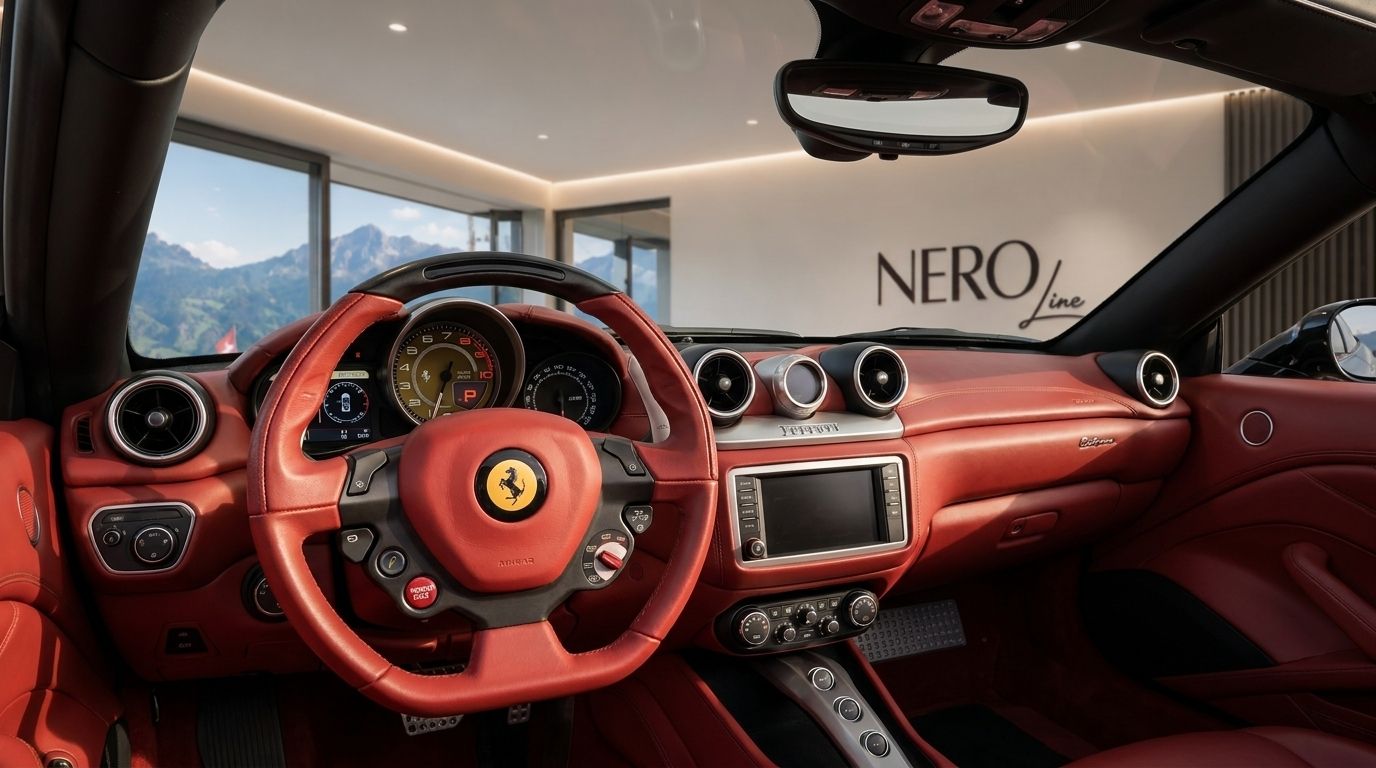 The Ferrari California T's luxurious red leather cockpit and dashboard are visible, with the steering wheel in focus and mountains of Zurich seen through the window.