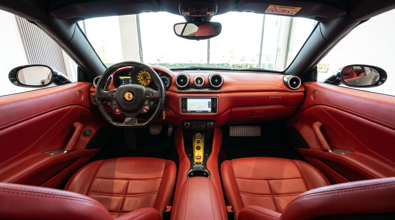 The Ferrari California T's luxurious red leather interior, featuring the dashboard and steering wheel, available in Zurich.