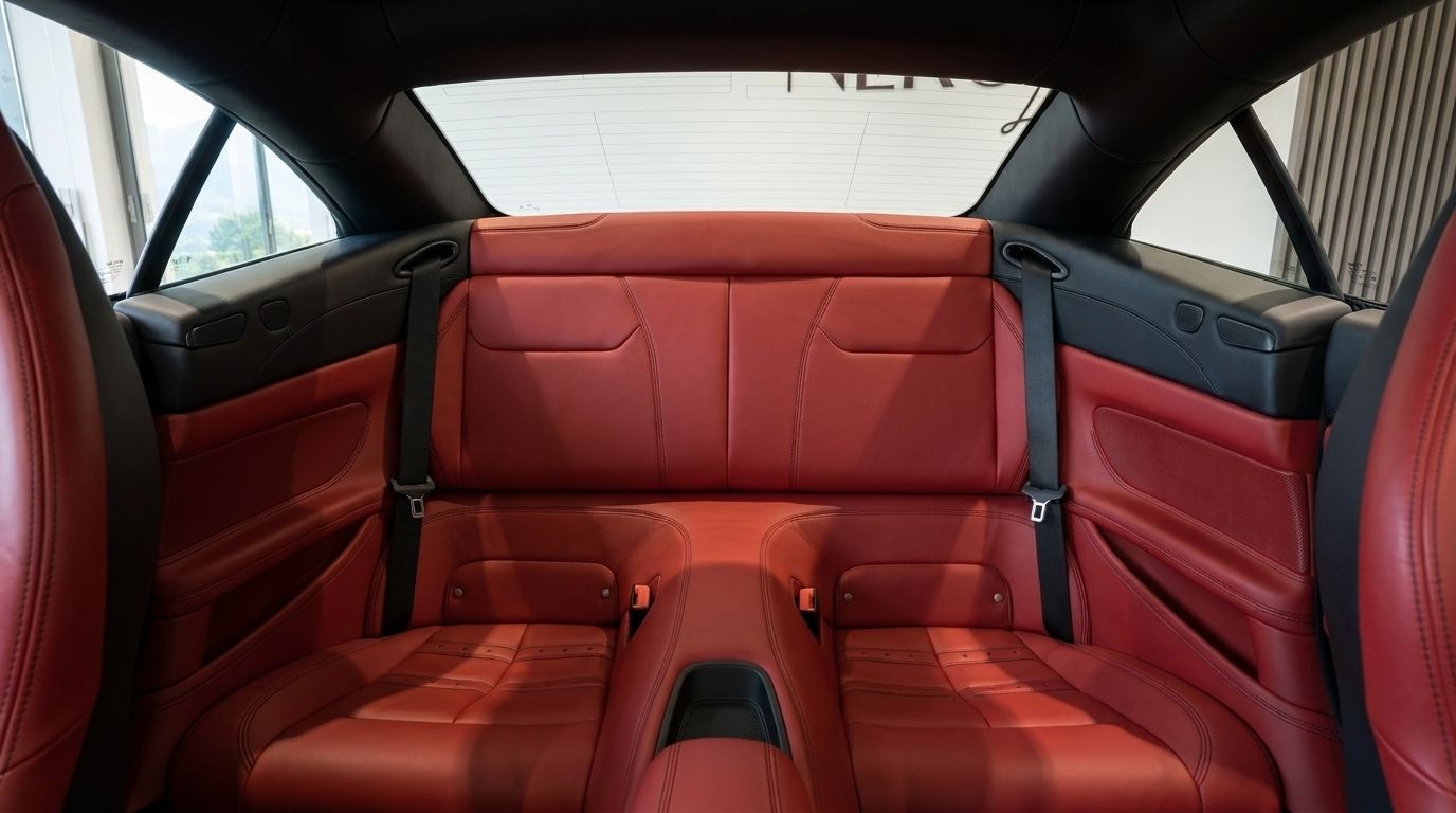 The luxurious red leather rear seats of the Ferrari California T, showcasing the refined interior in Zurich.