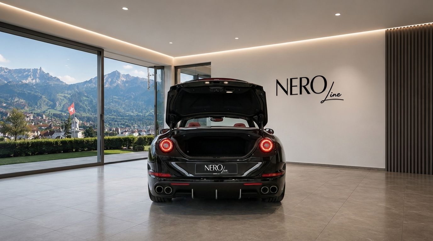 A black Ferrari California T with its trunk open is parked in a NERO Line showroom overlooking mountains in Zurich.