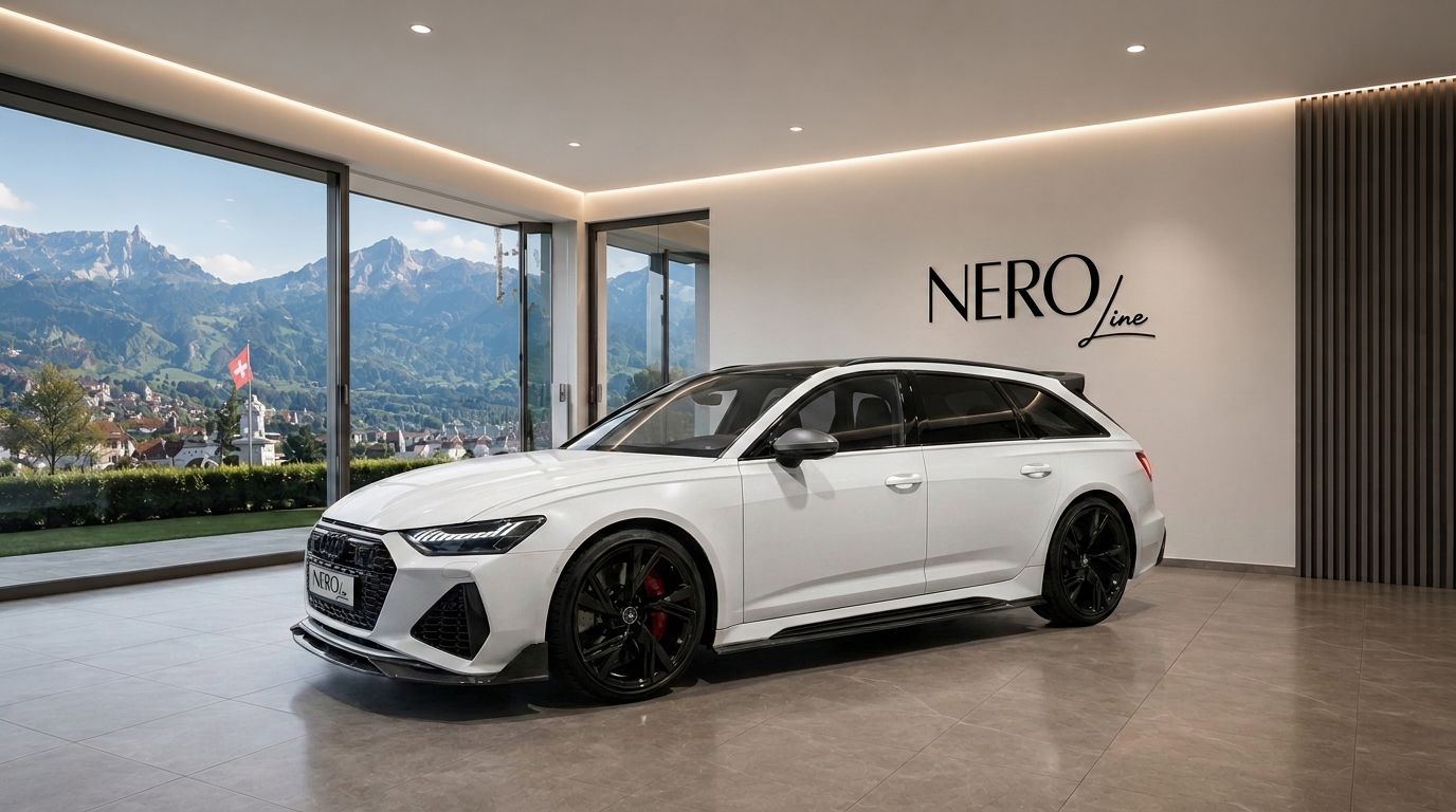 A white Audi RS6 is parked in a modern showroom with large windows overlooking the scenic mountains of Zurich.