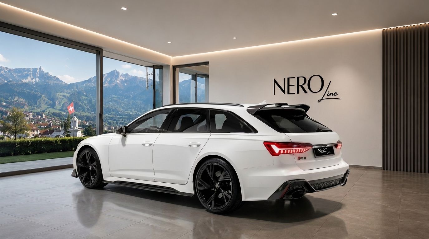 A white Audi RS6 Avant is parked indoors, showcasing its rear three-quarter view, with a stunning mountainous Zurich landscape visible through large windows.