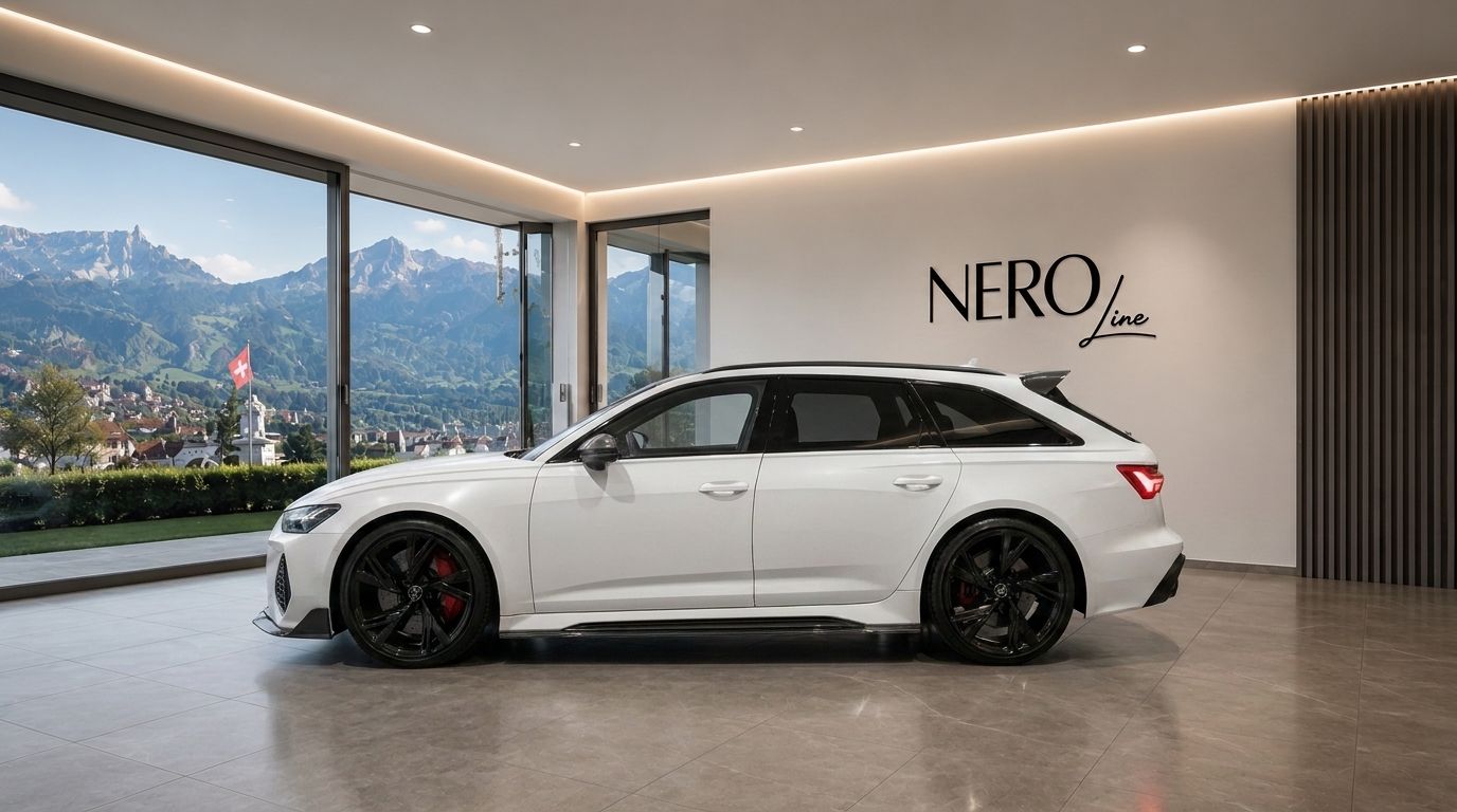 A white Audi RS6 is parked in a modern showroom, showcasing its sleek side profile with a panoramic view of mountains and a town in Zurich.