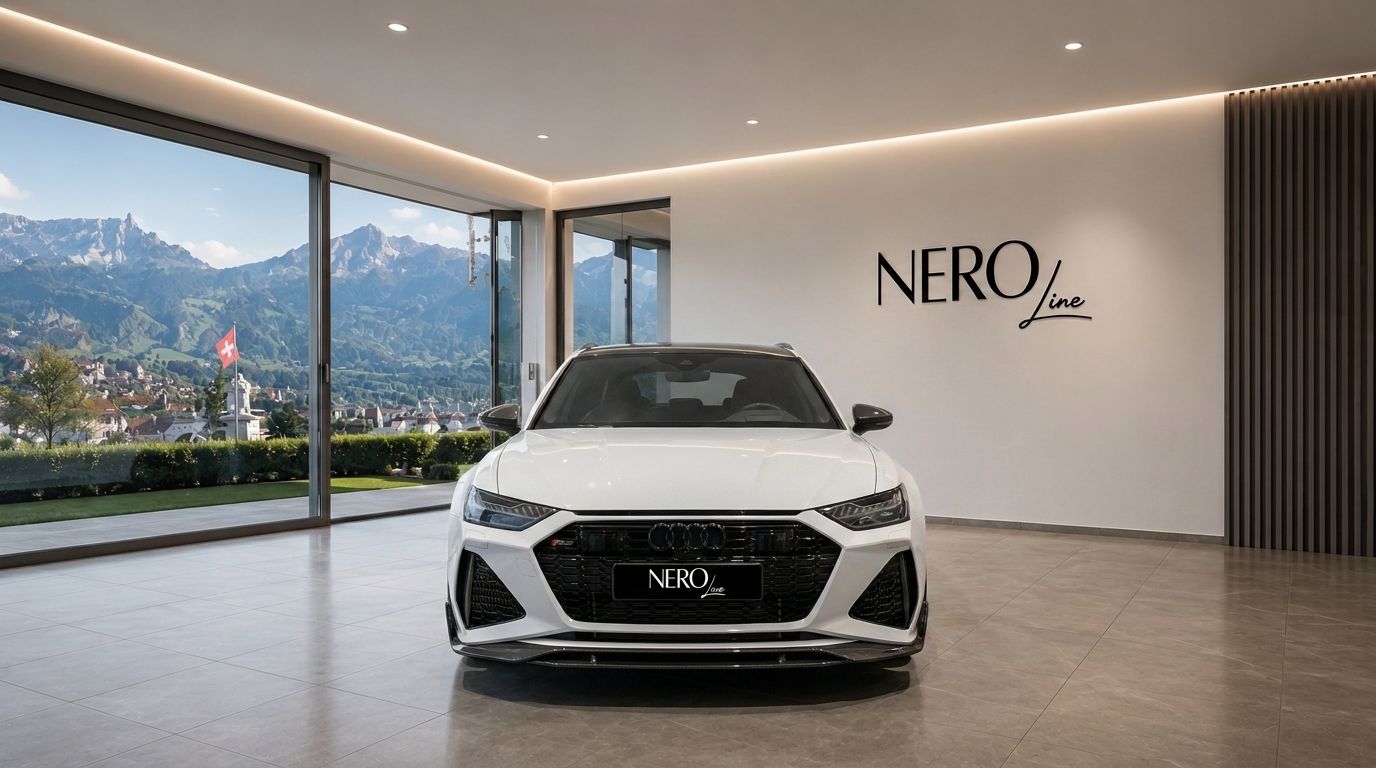 A white Audi RS6 is parked in a modern showroom with a large window overlooking the mountains and city of Zurich.