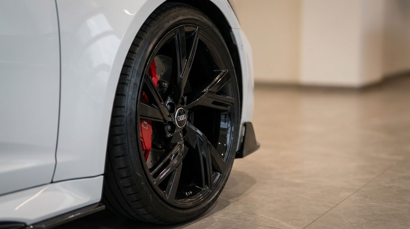 The Audi RS6's glossy black front wheel and vibrant red brake caliper are prominently displayed in Zurich.