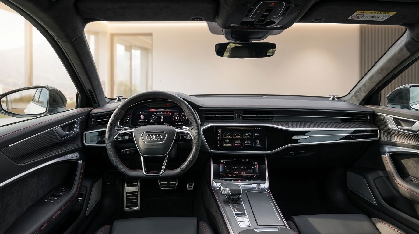 The luxurious interior of the Audi RS6 in Zurich, showcasing its modern cockpit with a multi-function steering wheel and dual infotainment screens.