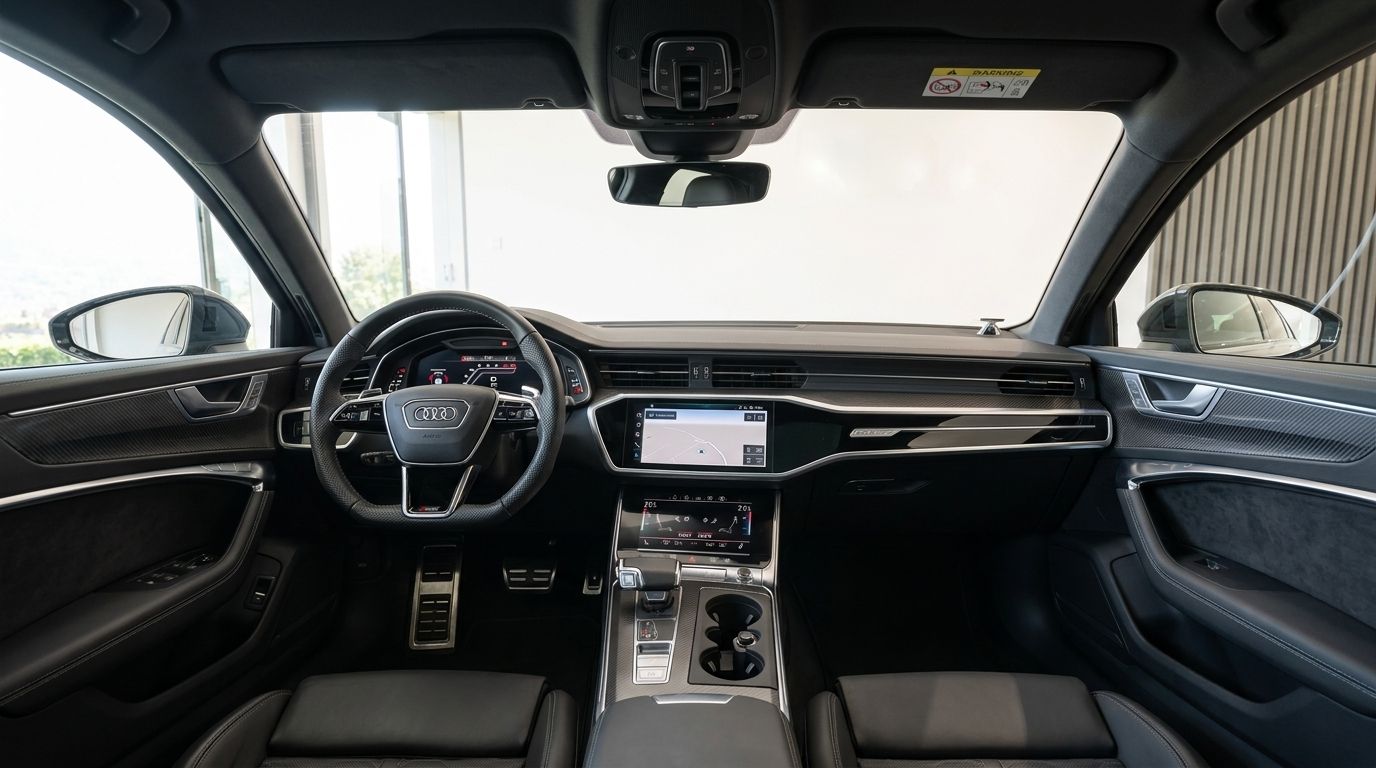 The luxurious interior of the Audi RS6 in Zurich, showcasing the steering wheel, digital dashboard, and central console with dual screens.