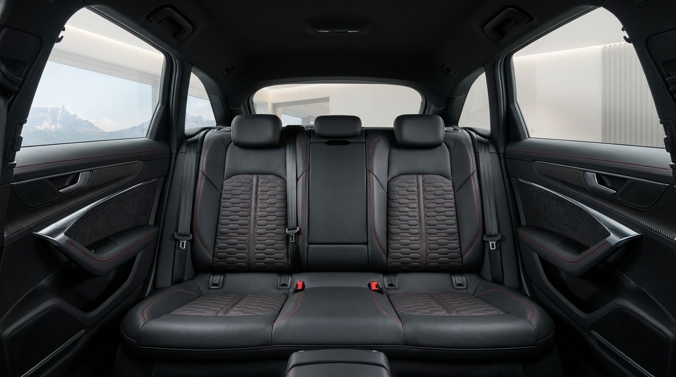 The Audi RS6 rear interior features black leather seats with red stitching, offering a view of mountains outside Zurich.