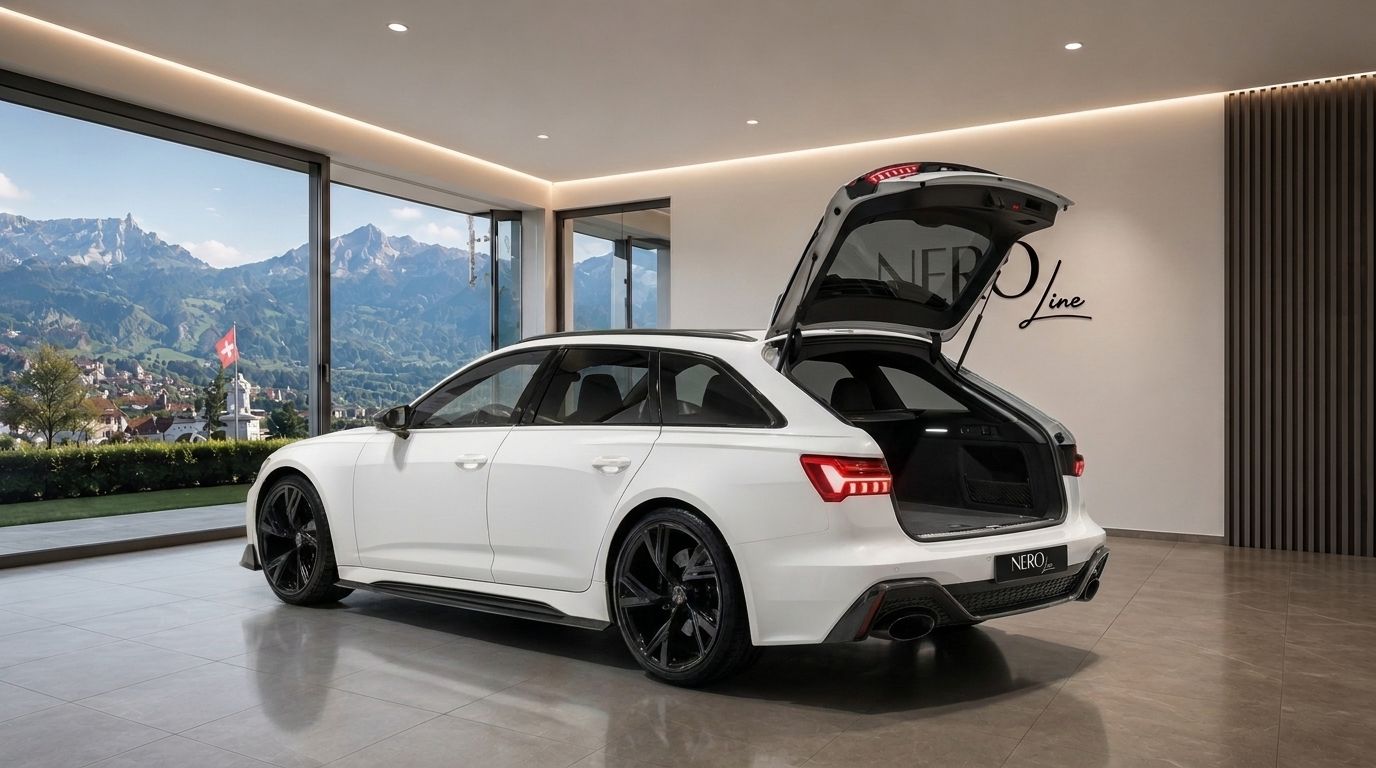 The white Audi RS6 is shown from the rear three-quarter with its trunk open, parked in a showroom overlooking the mountains of Zurich.