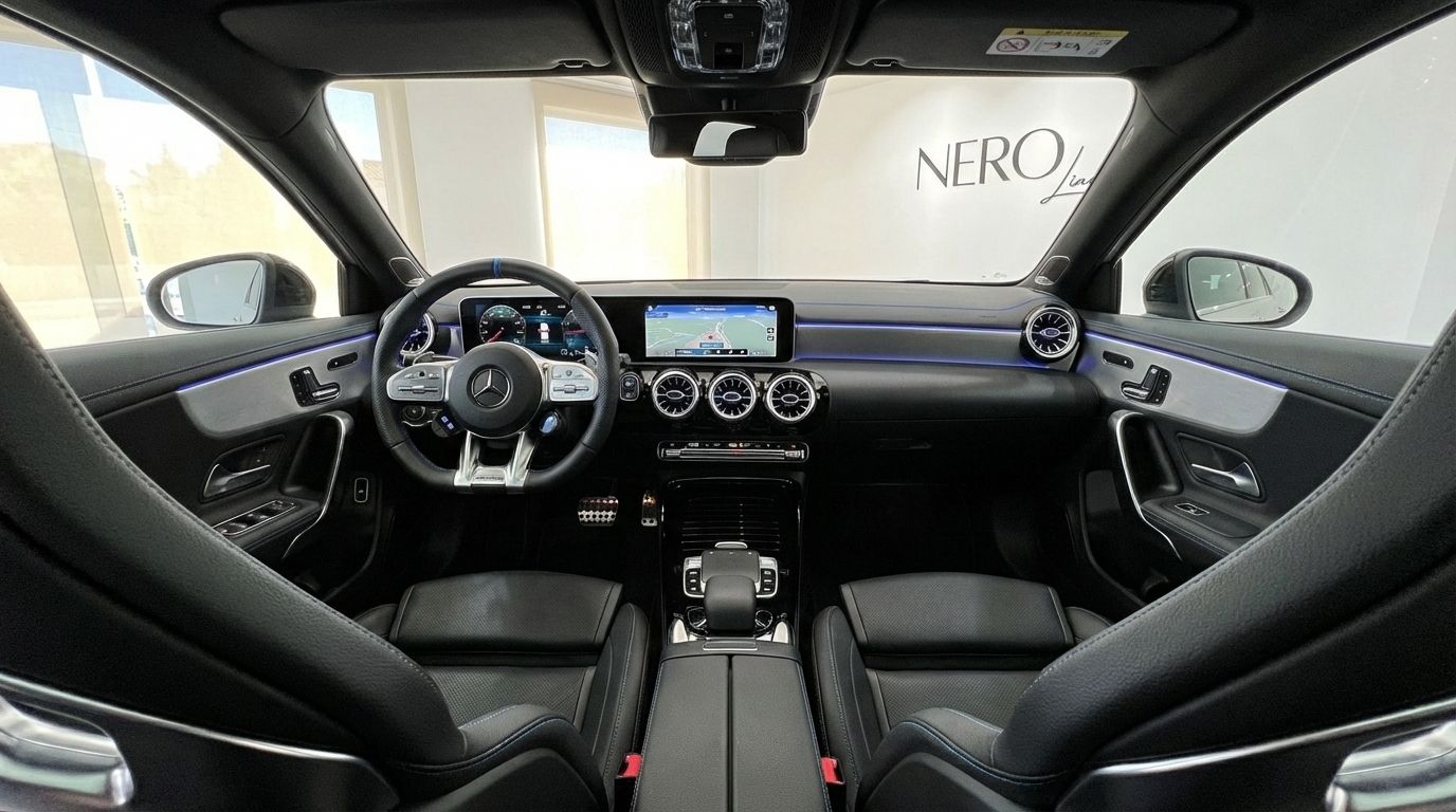 The image shows the luxurious interior cockpit of the 2024 Mercedes-Benz A 45 S, featuring the dashboard, steering wheel, and front seats in Alicante.