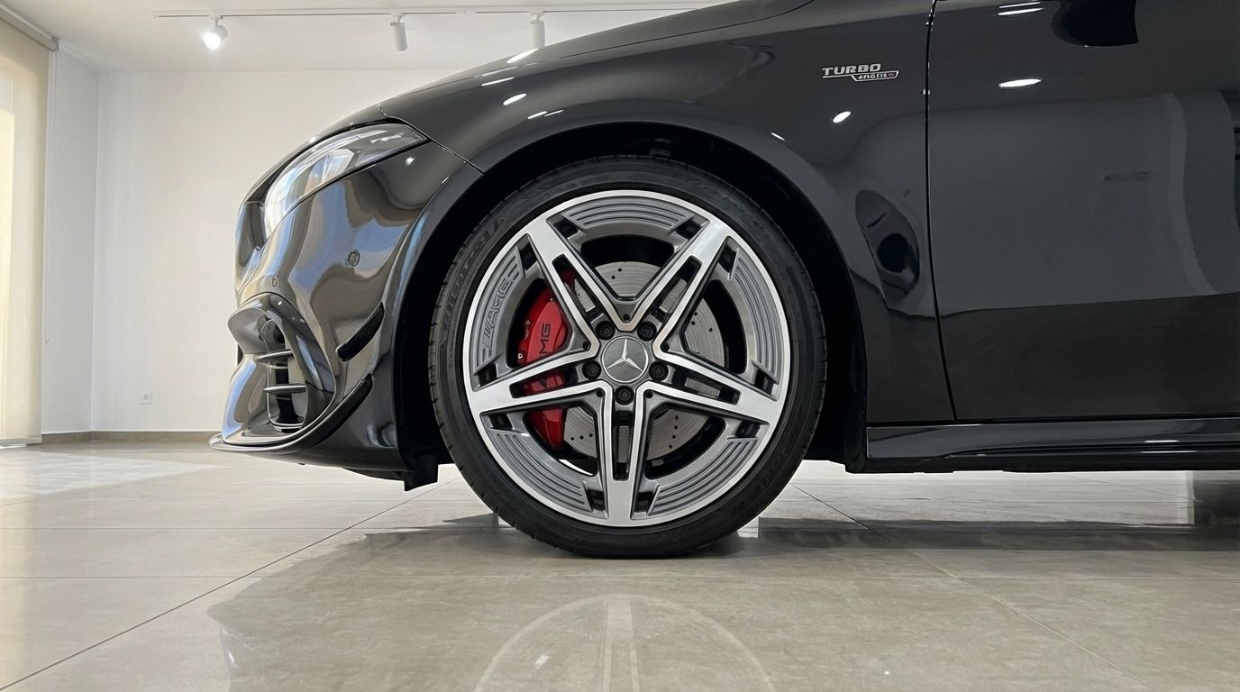 Close-up of the Mercedes-Benz A 45 S front wheel with red brake calipers and part of the metallic black bumper in Alicante.