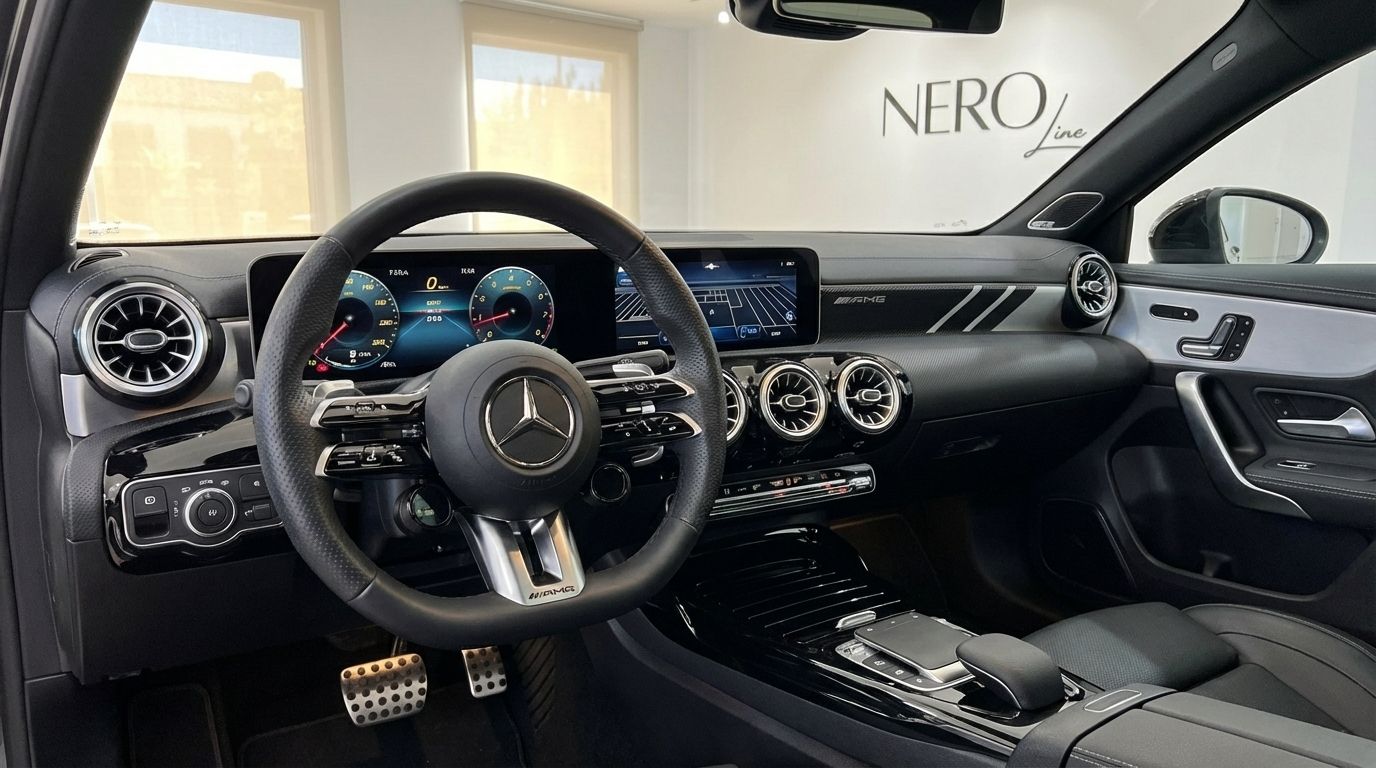 The luxurious interior of a 2024 Mercedes-Benz A 45 S in Alicante, featuring its advanced dashboard, steering wheel, and glossy center console.