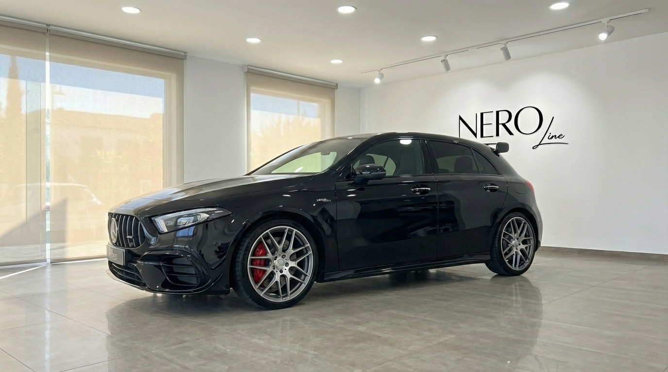Mercedes-Benz A 45 S — Showroom in Alicante The black 2024 Mercedes-Benz A 45 S is showcased from a side-front angle in a modern showroom in Alicante.