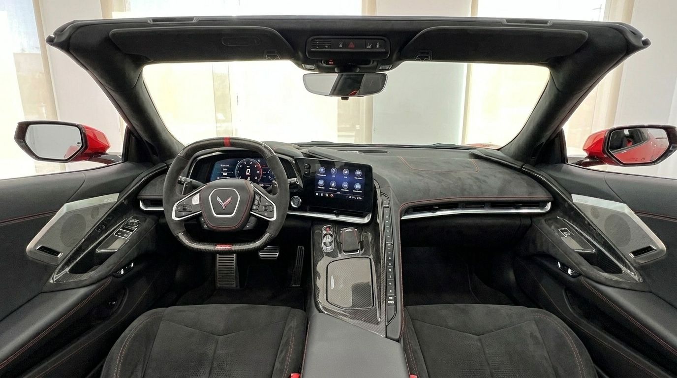 The luxurious black interior of the Chevrolet Corvette Stingray C8, featuring its modern dashboard and steering wheel, in Alicante.