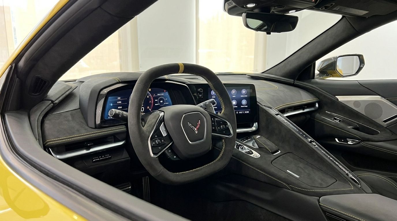 The luxurious interior cockpit of the Chevrolet Corvette Stingray C8 in Alicante, featuring a suede steering wheel and digital displays.