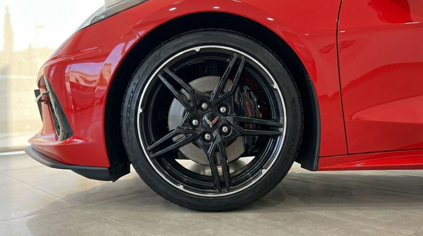 Close-up of the Chevrolet Corvette Stingray C8's red body and black multi-spoke front wheel with red brake calipers in Alicante.