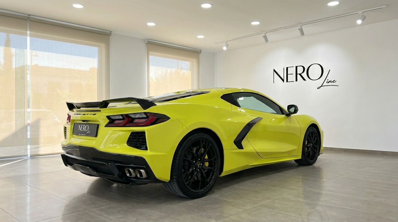 The neon yellow Chevrolet Corvette Stingray C8 is showcased from a rear three-quarter angle in a showroom in Alicante.