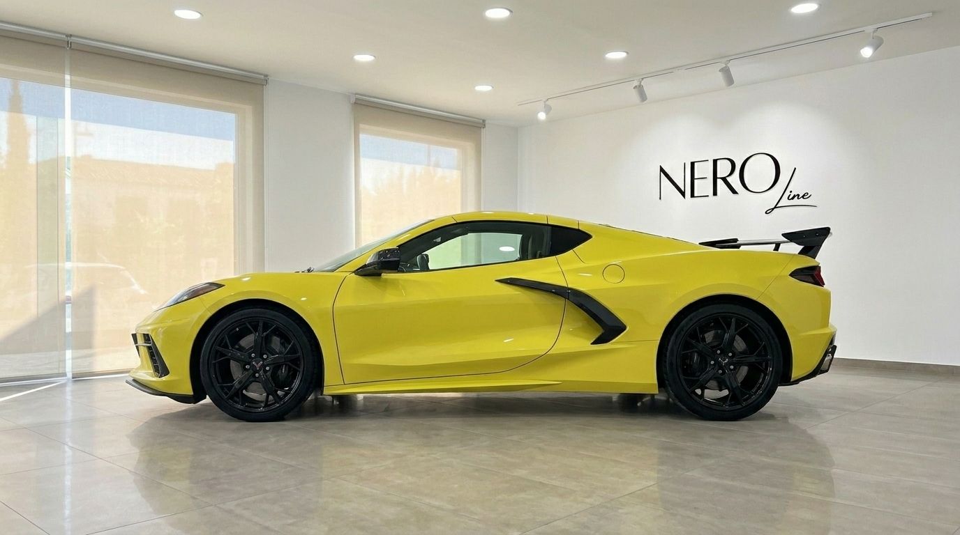 The neon yellow 2025 Chevrolet Corvette Stingray C8 is showcased from its side profile in a modern showroom in Alicante.