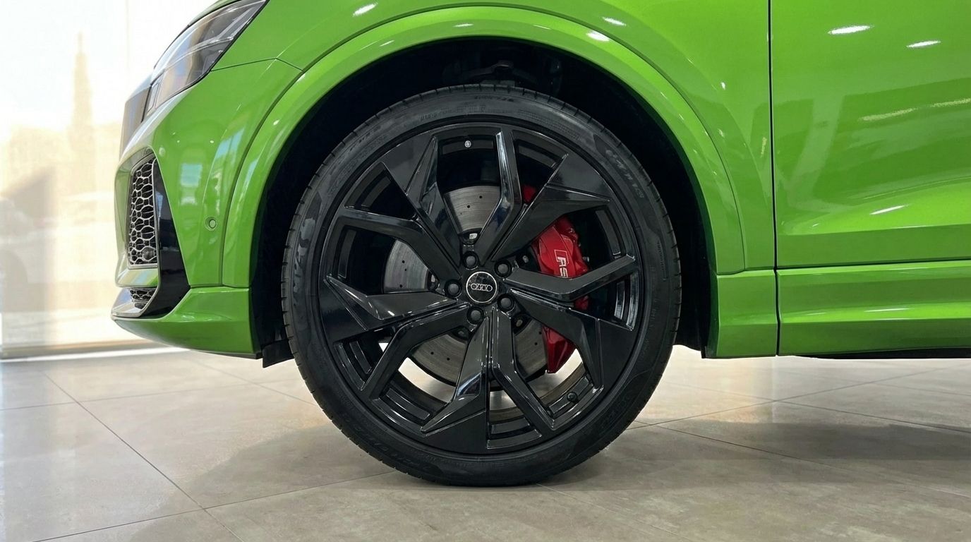 El Audi RS Q8 verde neón en Madrid exhibe su rueda negra de radios múltiples con una pinza de freno roja prominente.