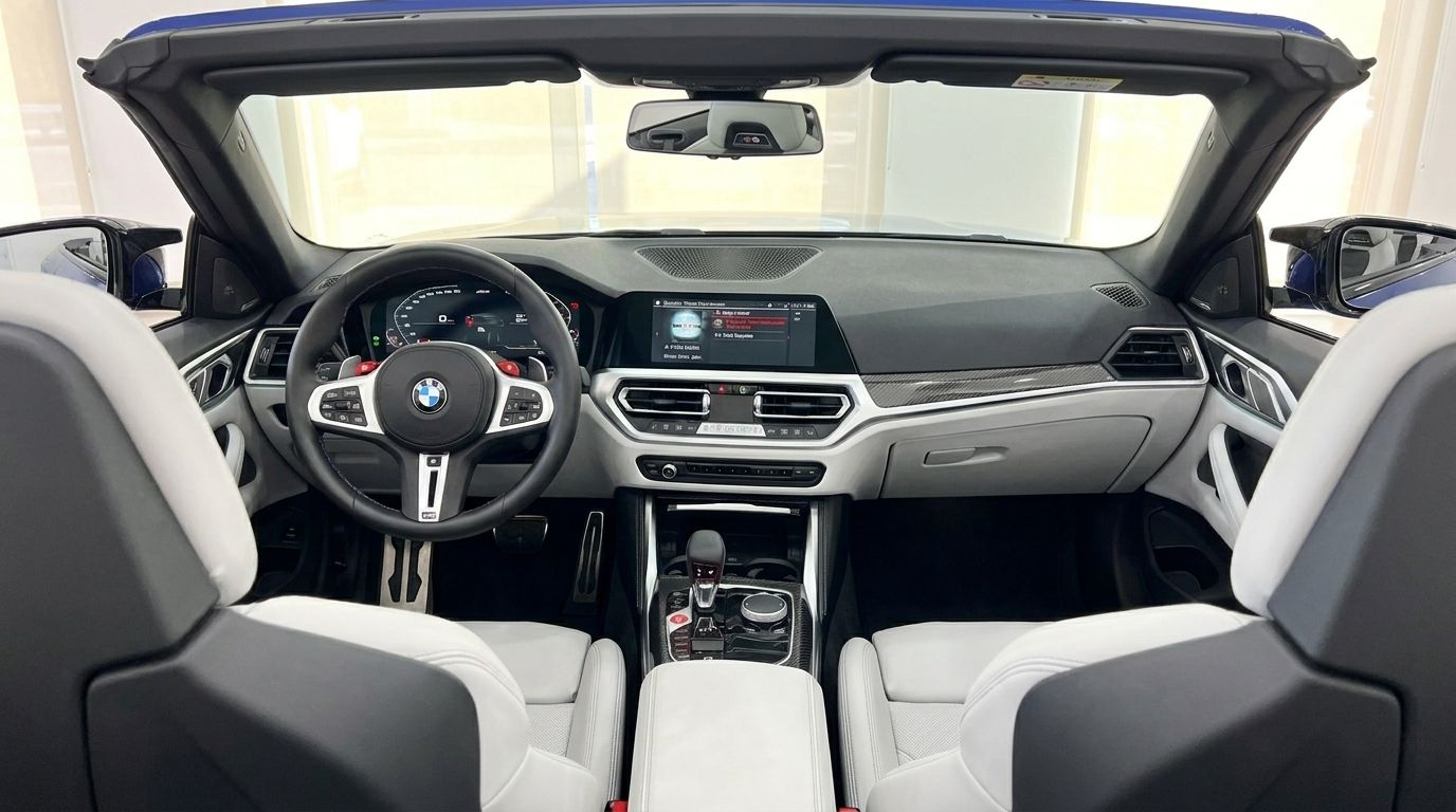 The luxurious interior and dashboard of the 2025 BMW M4 Competition Convertible in metallic blue, available in Barcelona.