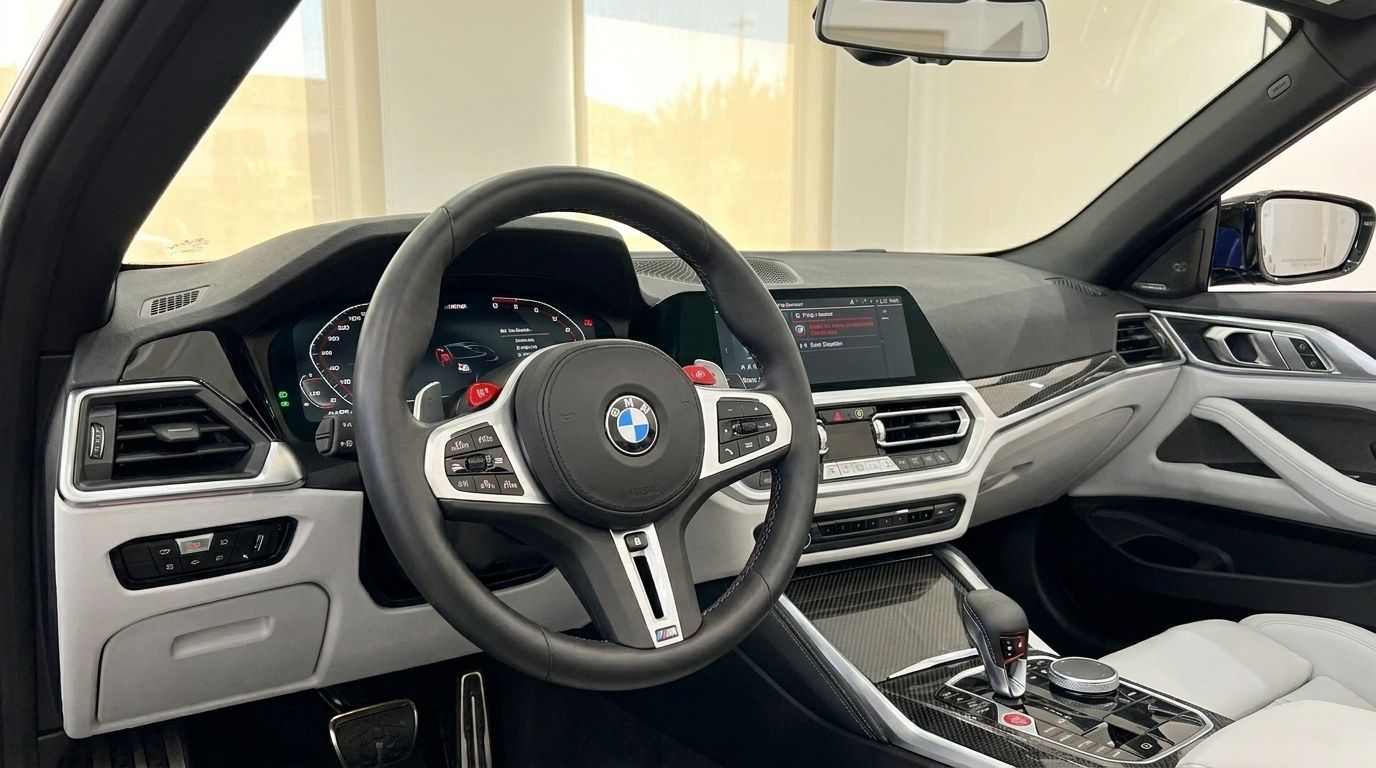 The luxurious cockpit of the BMW M4 Competition Convertible in Barcelona, featuring the steering wheel, dashboard, and infotainment screen.