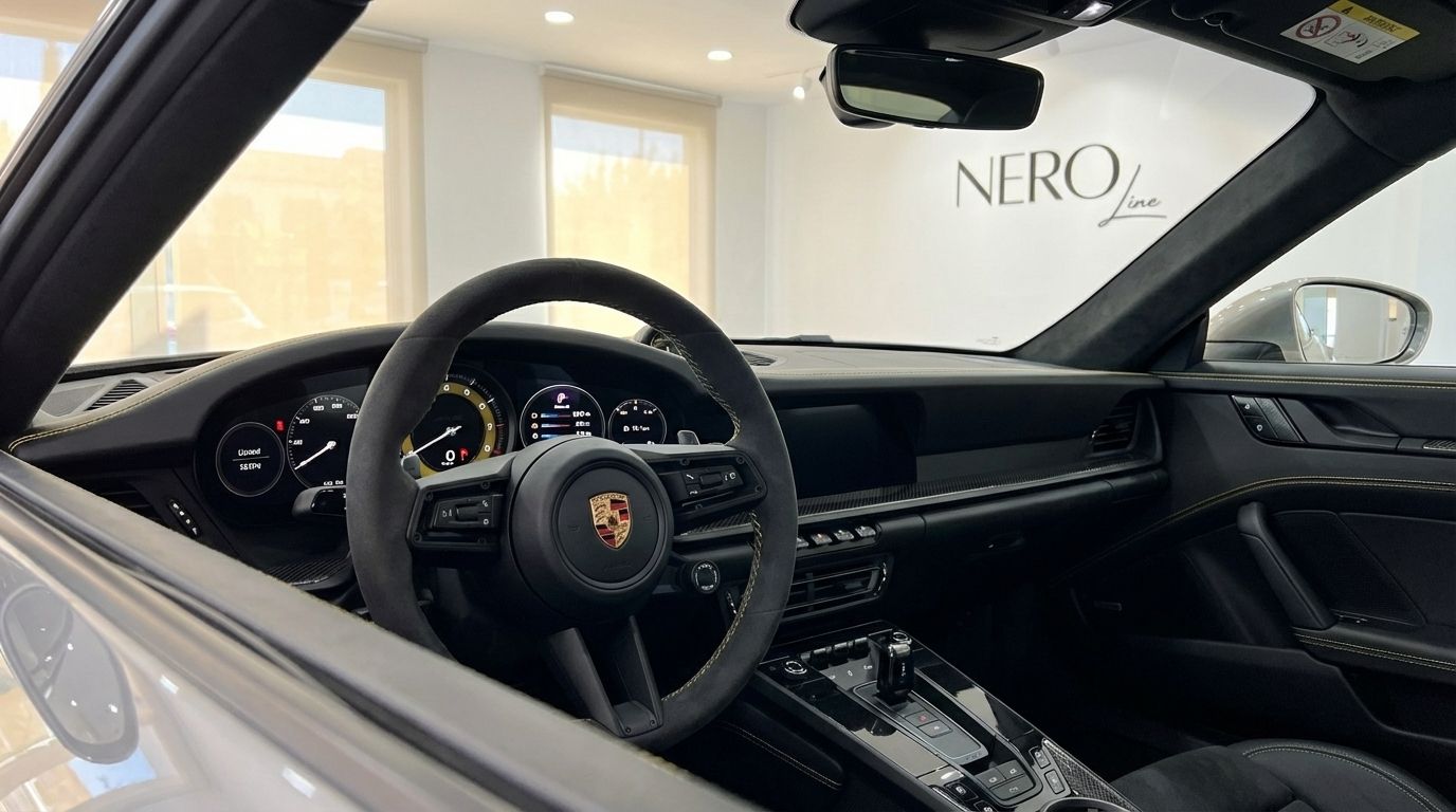 The luxurious interior of the Porsche 911 GT3 992 in Ibiza, showcasing its steering wheel, dashboard, and center console with yellow stitching, and the Nero Line logo.