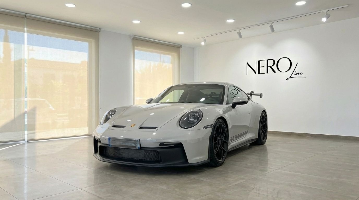 The white Porsche 911 GT3 992 is showcased from a front three-quarter angle in a modern showroom in Ibiza.