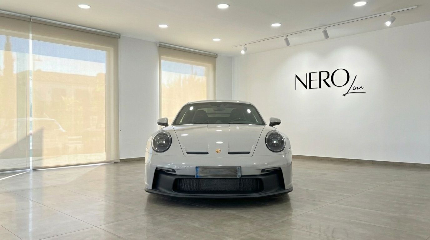 The white Porsche 911 GT3 992 is prominently displayed head-on in a showroom in Ibiza, showcasing its aggressive front design.