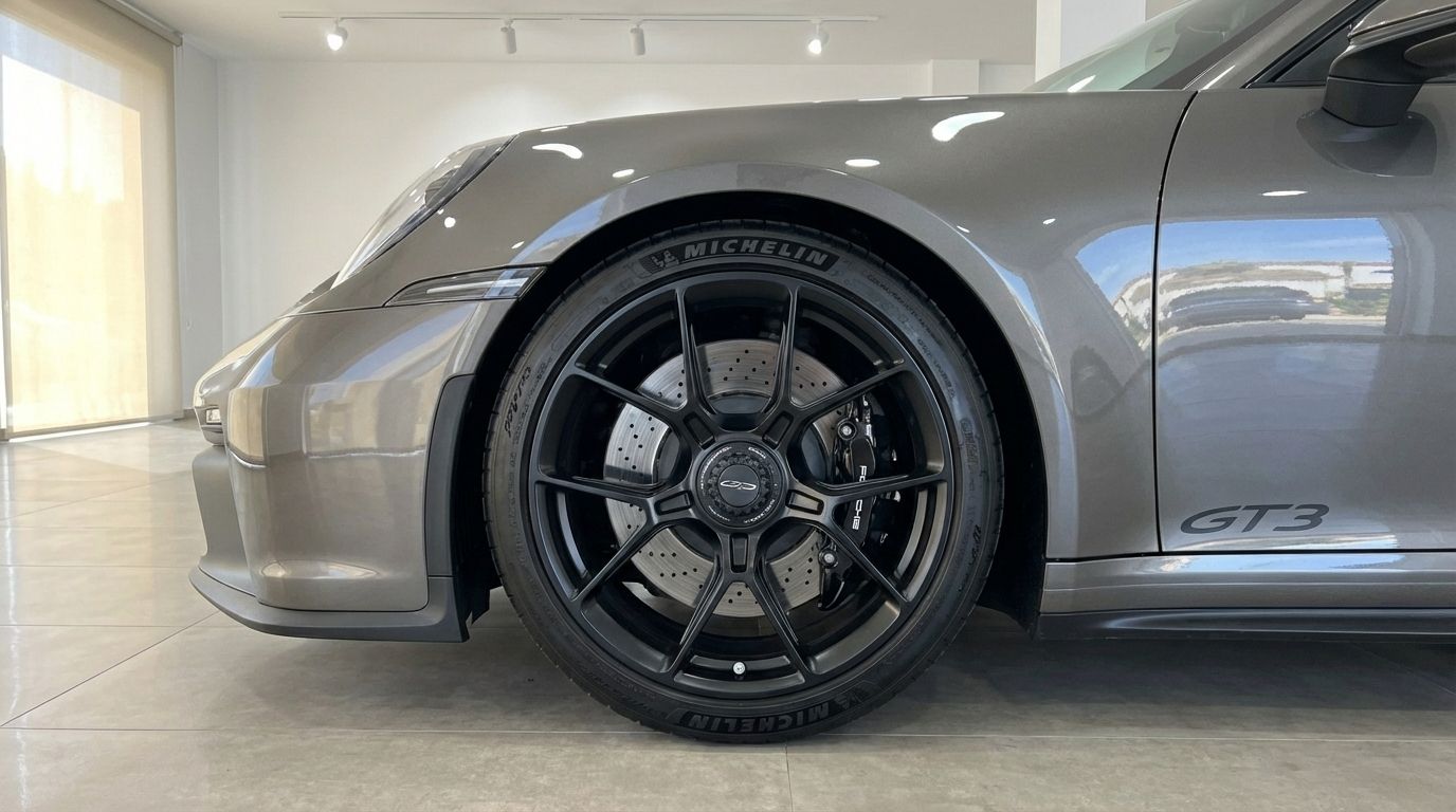 The sleek grey Porsche 911 GT3 992's front wheel, black multi-spoke rim, and fender are showcased in Ibiza.