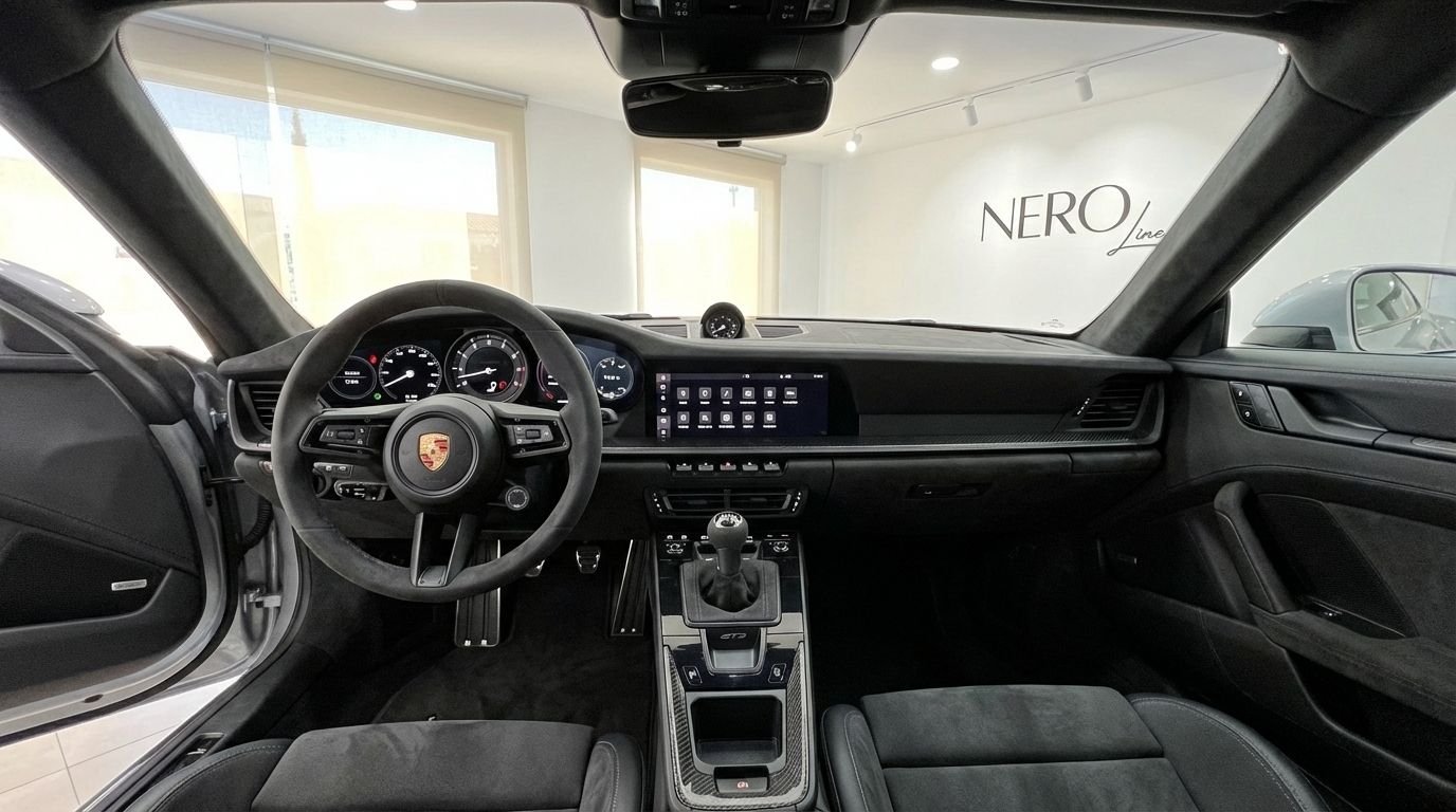 The luxurious interior of the Porsche 911 GT3 992 in Ibiza, featuring its sporty dashboard, steering wheel, and manual gear stick.