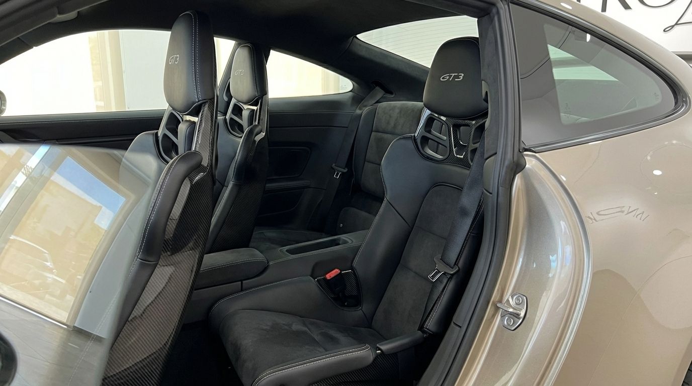 The luxurious interior of the Porsche 911 GT3 992 in Ibiza, showcasing its black sports seats with GT3 branding.