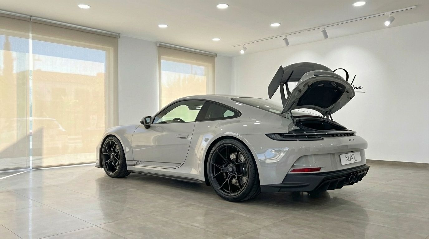 A sleek white Porsche 911 GT3 992 is shown from the rear three-quarter angle with its engine bay open, parked in a modern showroom in Ibiza.