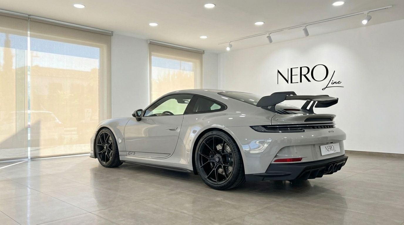A white Porsche 911 GT3 992, seen from the rear three-quarter angle, showcasing its distinctive spoiler in an Ibiza showroom.