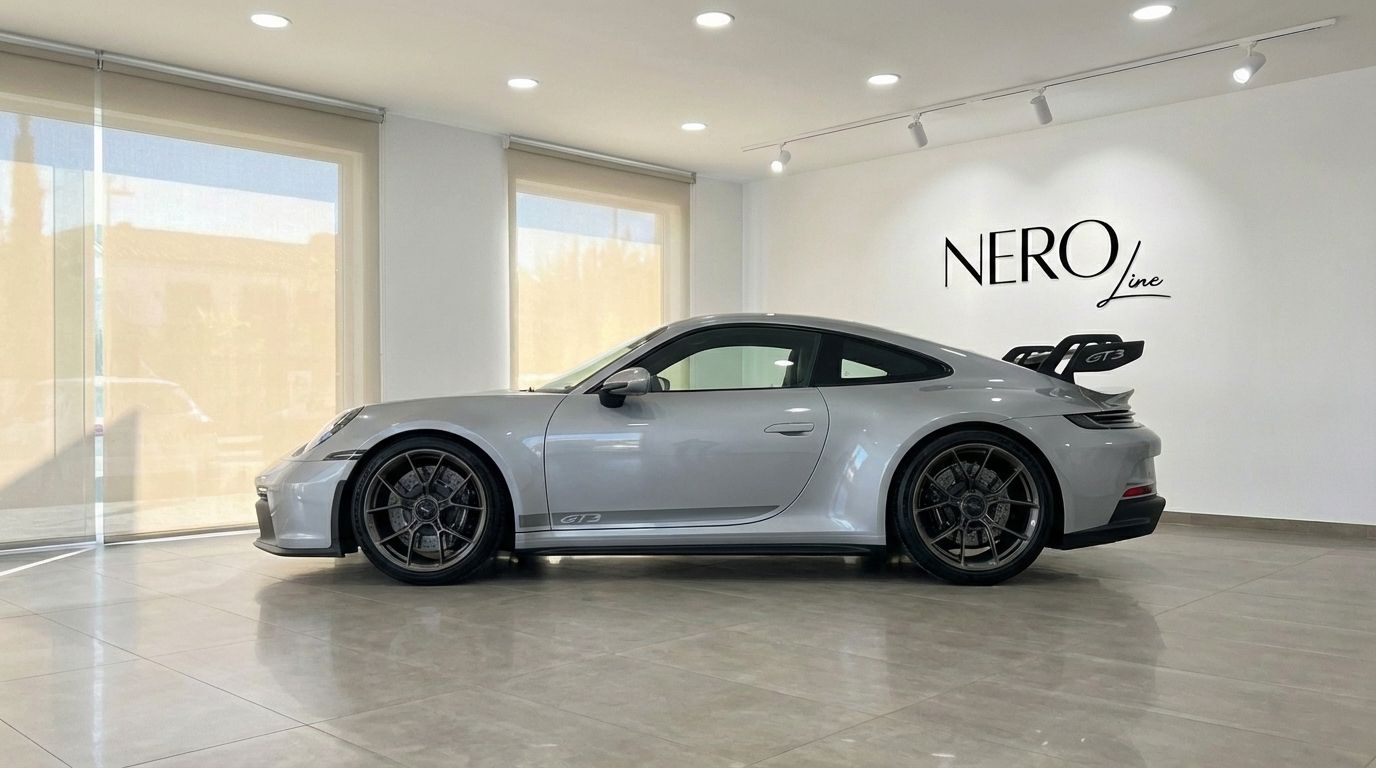 The white Porsche 911 GT3 992 is parked sideways in a showroom in Ibiza, showcasing its sleek profile.