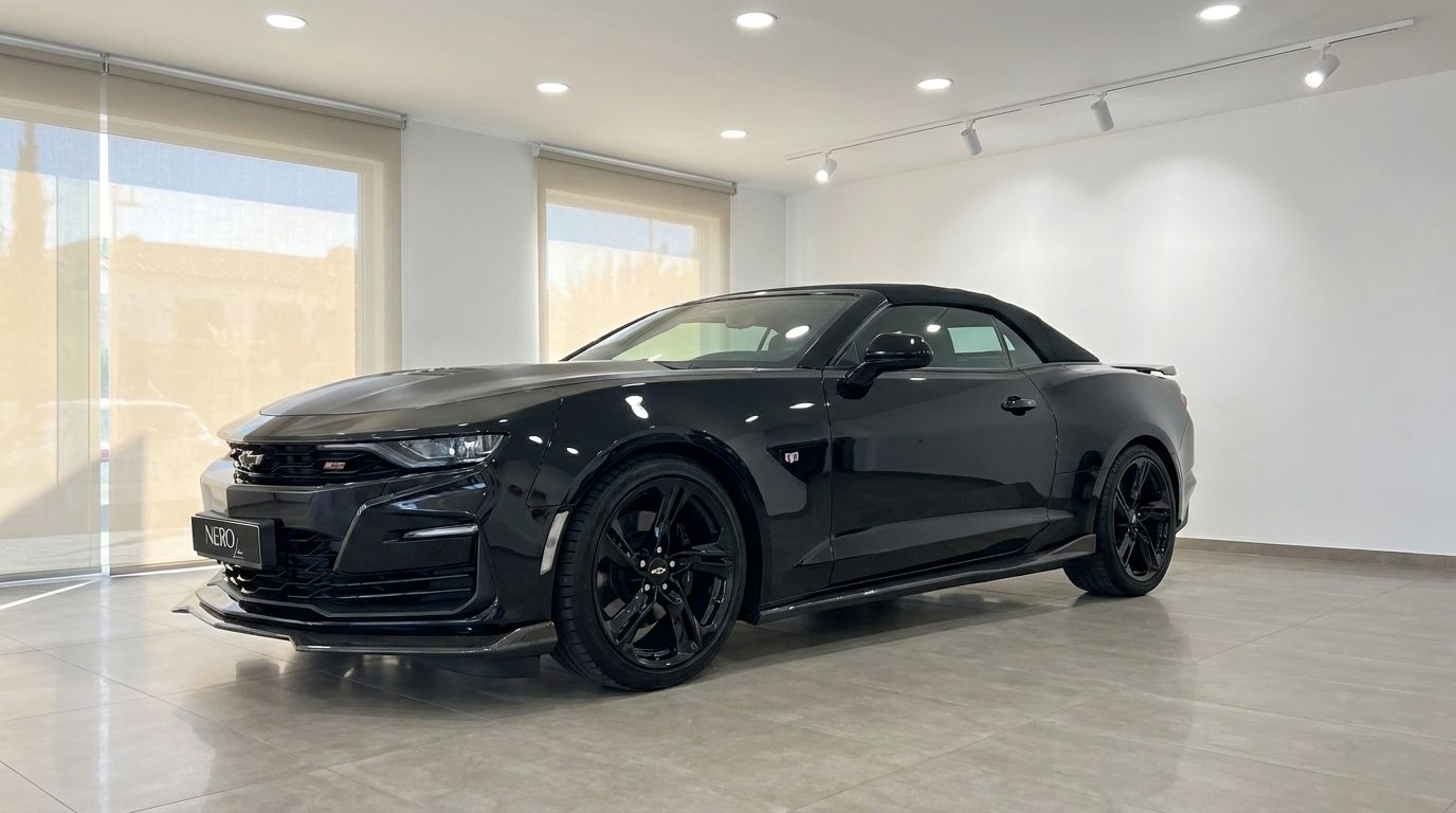 The gloss black 2021 Chevrolet Camaro Cabriolet is showcased from a front-side view indoors in Alicante.
