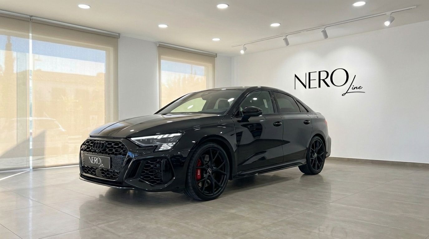 The sleek black 2022 Audi RS3 Saloon is showcased from a front three-quarter angle in a modern Marbella showroom.