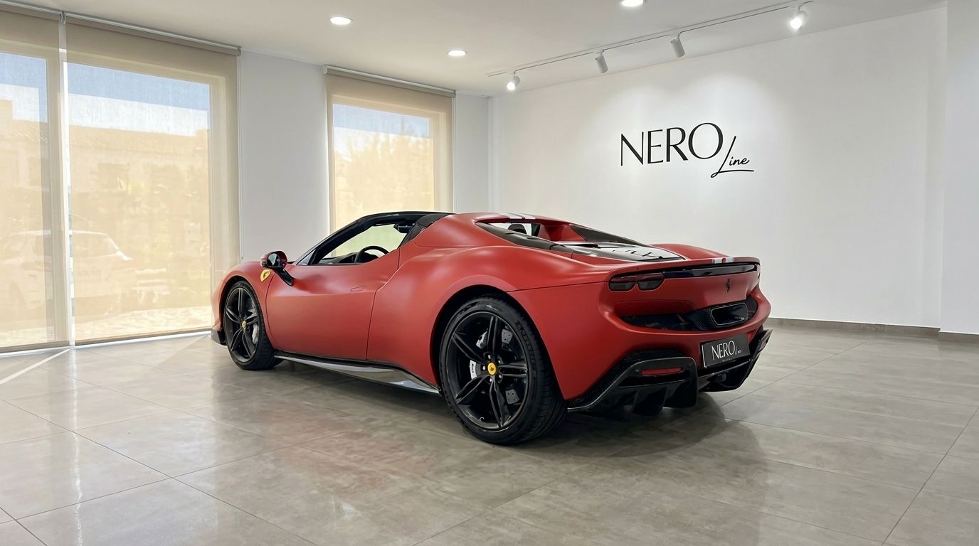 El Ferrari 296 GTS Assetto Fiorano descapotable rojo mate está aparcado en un concesionario de Mallorca, visto desde el ángulo trasero tres cuartos.