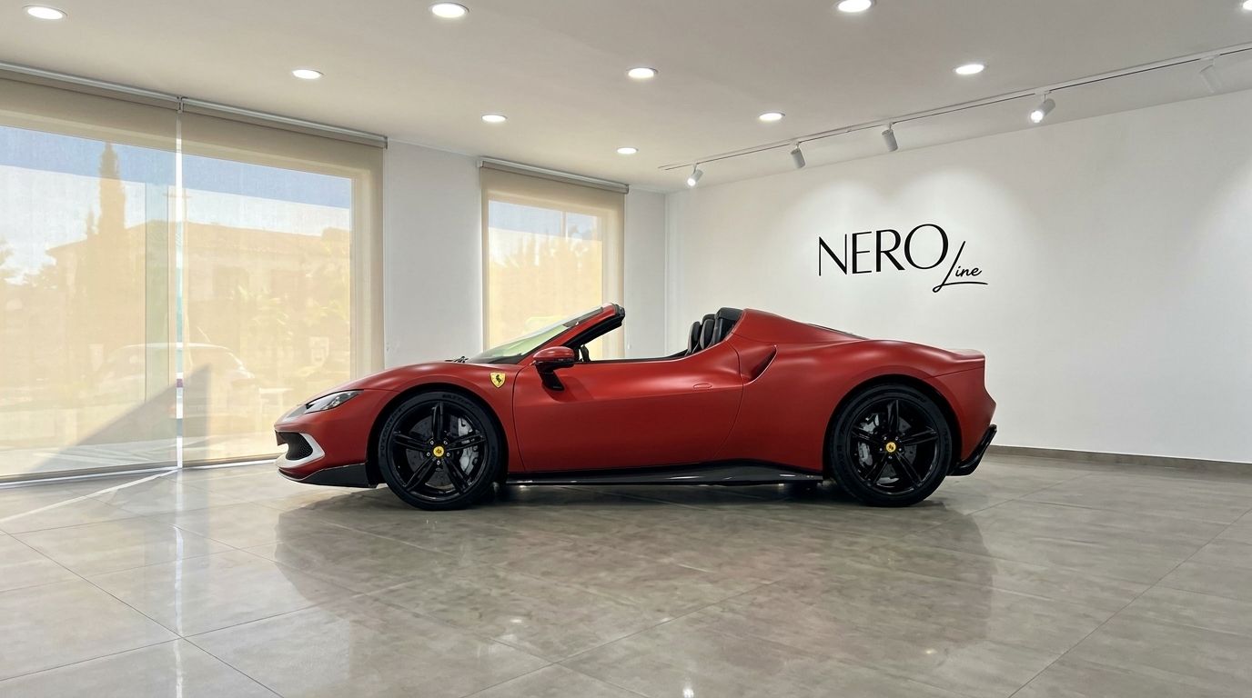 El Ferrari 296 GTS Assetto Fiorano descapotable rojo mate está aparcado en un moderno showroom en Mallorca, mostrando su elegante perfil lateral.