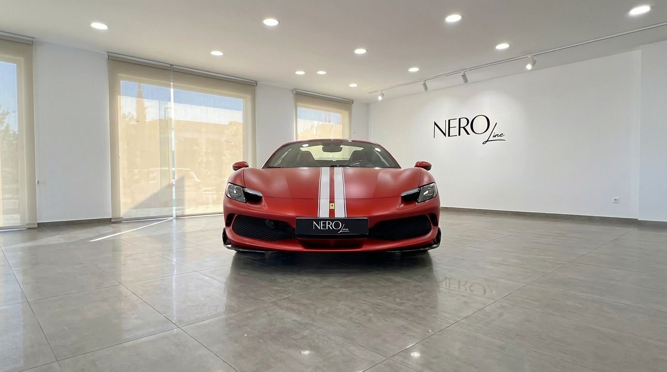 El Ferrari 296 GTS Assetto Fiorano rojo mate, con distintivas franjas blancas de carreras, se exhibe de frente en un moderno showroom en Mallorca.